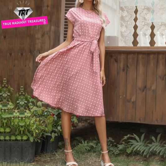 Image of Short Sleeve Polka Dot Dress made of polyester, perfect for casual parties or events. Features round neck, bandage decoration with pull-over closure, and ideal for warmer weather.