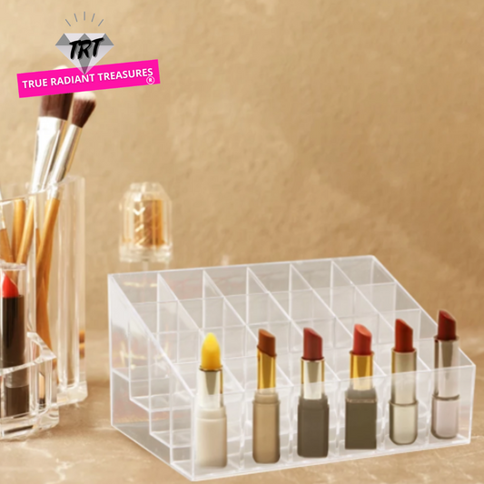 Grid Acrylic Lipstick Box Case Organizer for stylish and organized storage of lipsticks and other essentials.