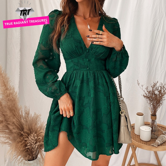 Look stunning in our Sexy Long Sleeve Party Dress, perfect for work or formal events. With a plunging neckline, long sleeves, and A-line silhouette, this dress is both elegant and fashionable. Capture everyone's heart at your next party or event.