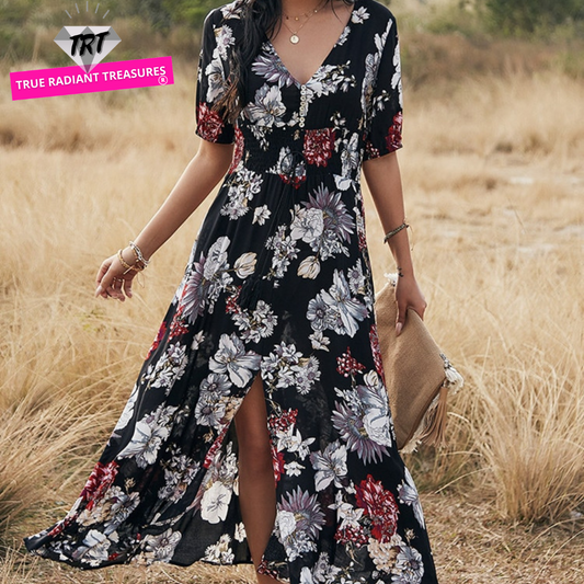 Long floral dress for spring and summer seasons - perfect for any occasion with its vibrant floral print and durable polyester material.