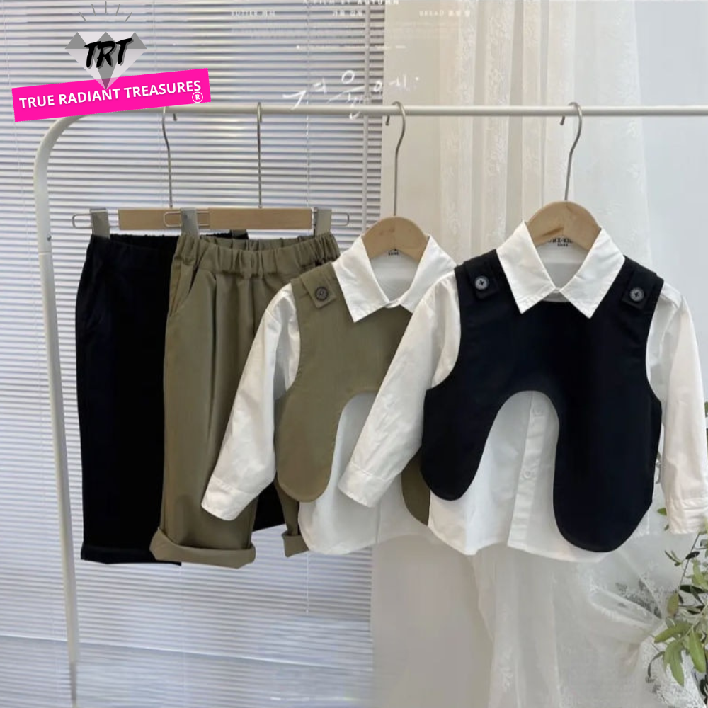 A casual vest, top, and pants set for boys made of a durable blend of cotton and polyester. This trendy outfit is perfect for parties, casual occasions, and beach outings. With a stylish design that can double as a costume, this set is a must-have for your little boy's wardrobe. Get yours now and give your child the perfect outfit for any occasion.