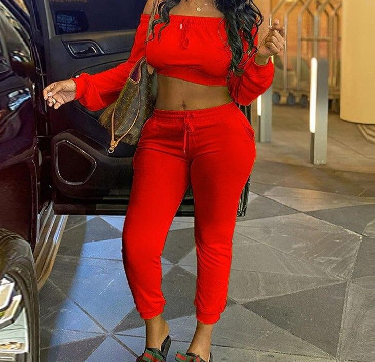 Red Women's Slash Neck 2-Piece Tracksuits - Trendy and Comfy Polyester Outfits with Elastic Waist and Pullover Closure, Available in Different Colors and Size