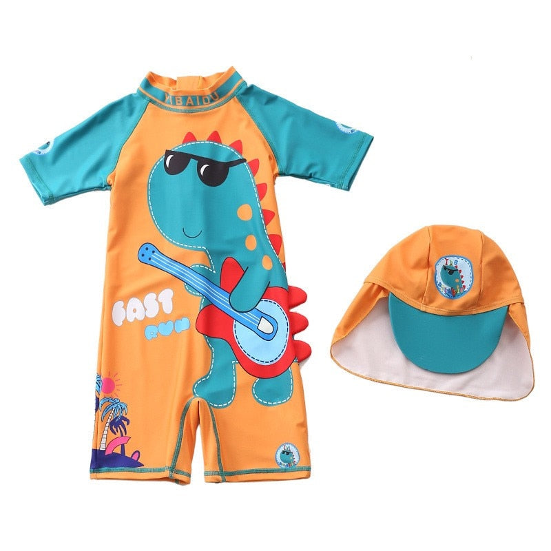 Baby boy beach swimwear with cartoon characters, polyester spandex cotton blend, true to size fit.