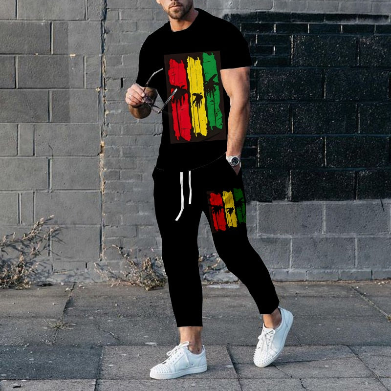 "Image of a fashionable men's short-sleeve tracksuit made from durable polyester material, designed with a punk edge for the perfect casual wear. Available in different sizes and colors to fit any style. Ideal for jogging or walking your dog while staying comfortable and stylish. Get yours today and treat yourself or someone special to this unique and practical gift."