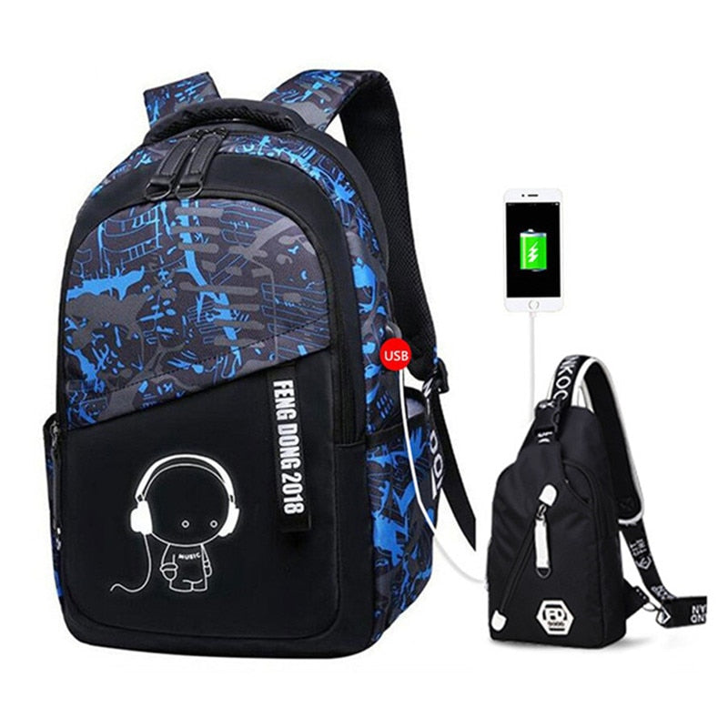 Durable and waterproof Teenage School Backpack made of oxford fabric. Ideal for school or travel. Features USB port for device charging. Spacious design for laptops, tablets, and books.