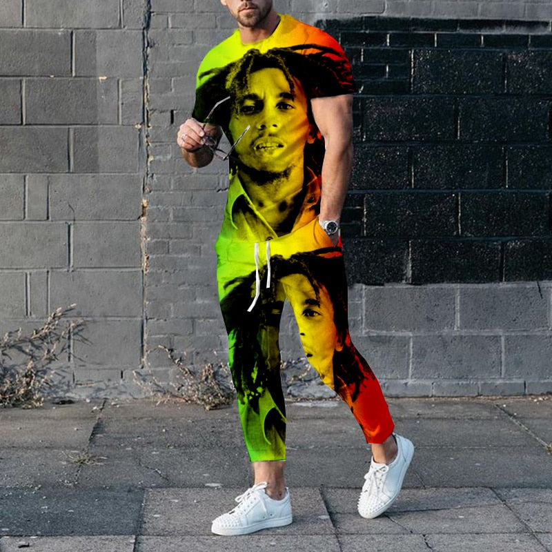 "Image of a fashionable men's short-sleeve tracksuit made from durable polyester material, designed with a punk edge for the perfect casual wear. Available in different sizes and colors to fit any style. Ideal for jogging or walking your dog while staying comfortable and stylish. Get yours today and treat yourself or someone special to this unique and practical gift."