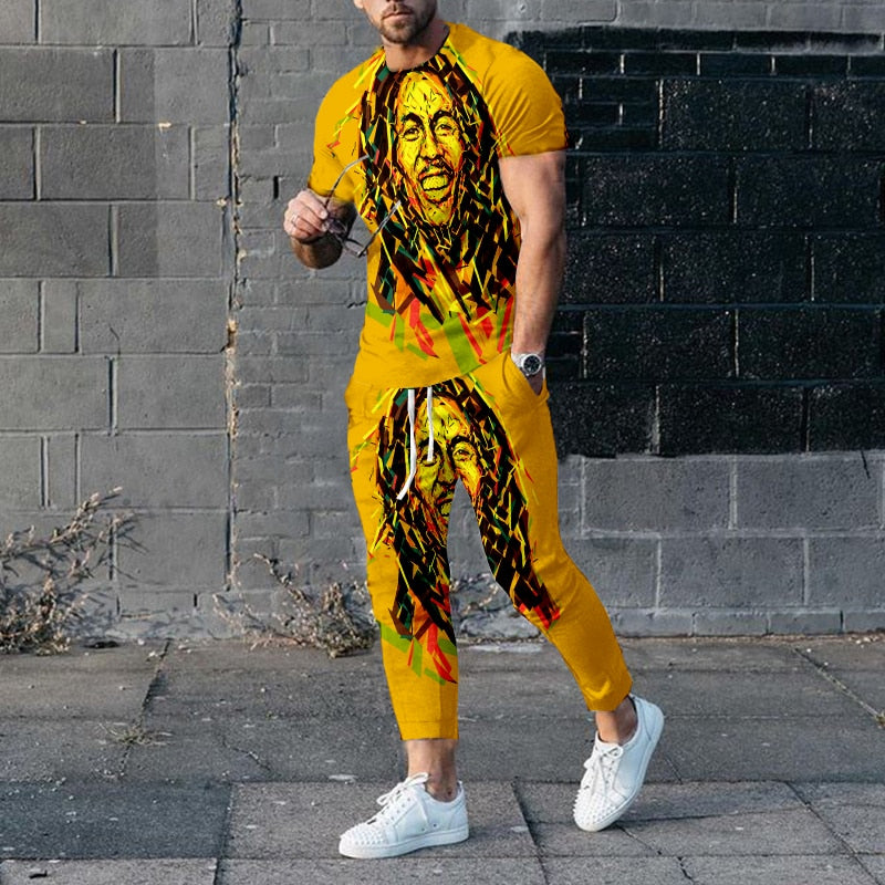 "Image of a fashionable men's short-sleeve tracksuit made from durable polyester material, designed with a punk edge for the perfect casual wear. Available in different sizes and colors to fit any style. Ideal for jogging or walking your dog while staying comfortable and stylish. Get yours today and treat yourself or someone special to this unique and practical gift."