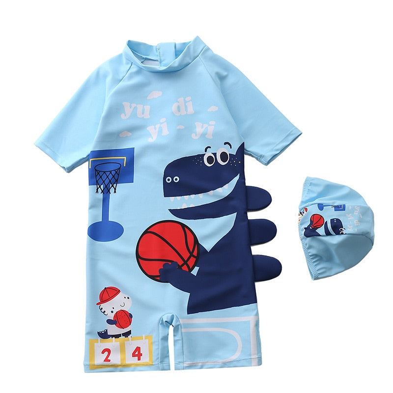 Baby boy beach swimwear with cartoon characters, polyester spandex cotton blend, true to size fit.