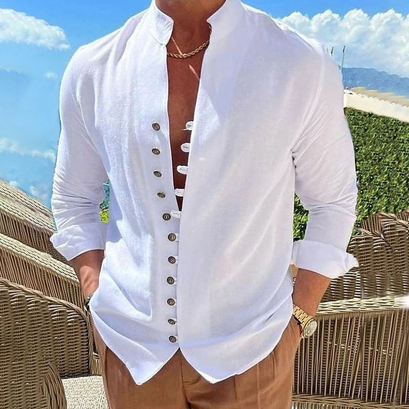 Men's Long-Sleeved Stand-Up Collar Shirt in linen and satin, perfect for punk-inspired style in spring and autumn. Turn-down collar and single-breasted closure.