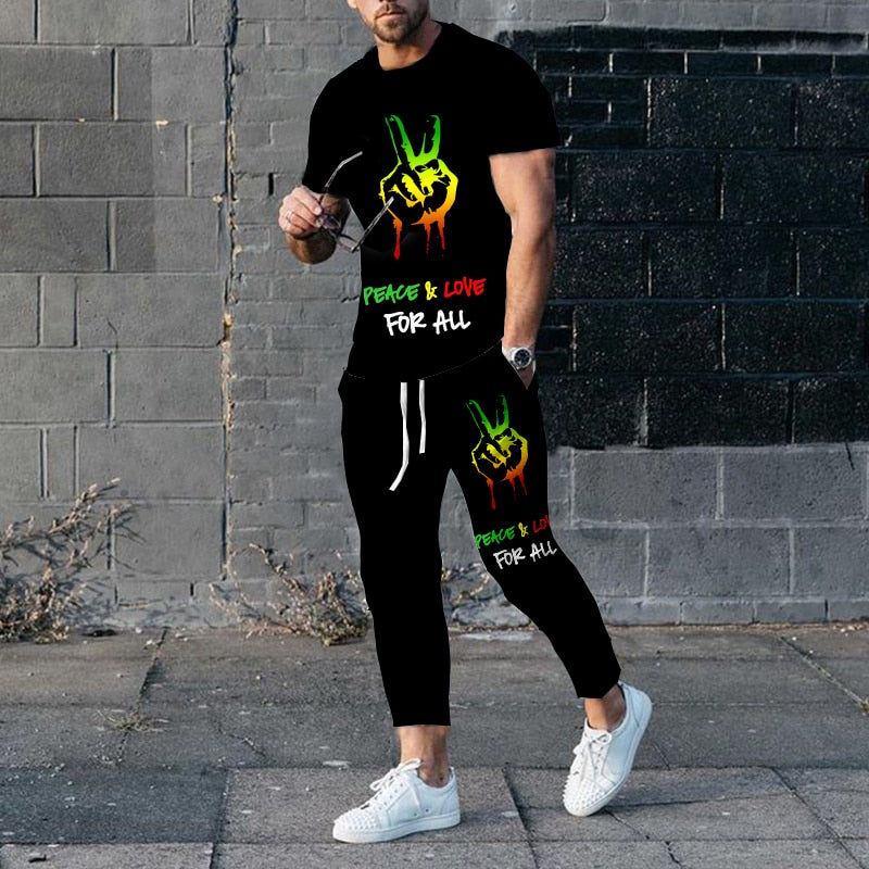 "Image of a fashionable men's short-sleeve tracksuit made from durable polyester material, designed with a punk edge for the perfect casual wear. Available in different sizes and colors to fit any style. Ideal for jogging or walking your dog while staying comfortable and stylish. Get yours today and treat yourself or someone special to this unique and practical gift."