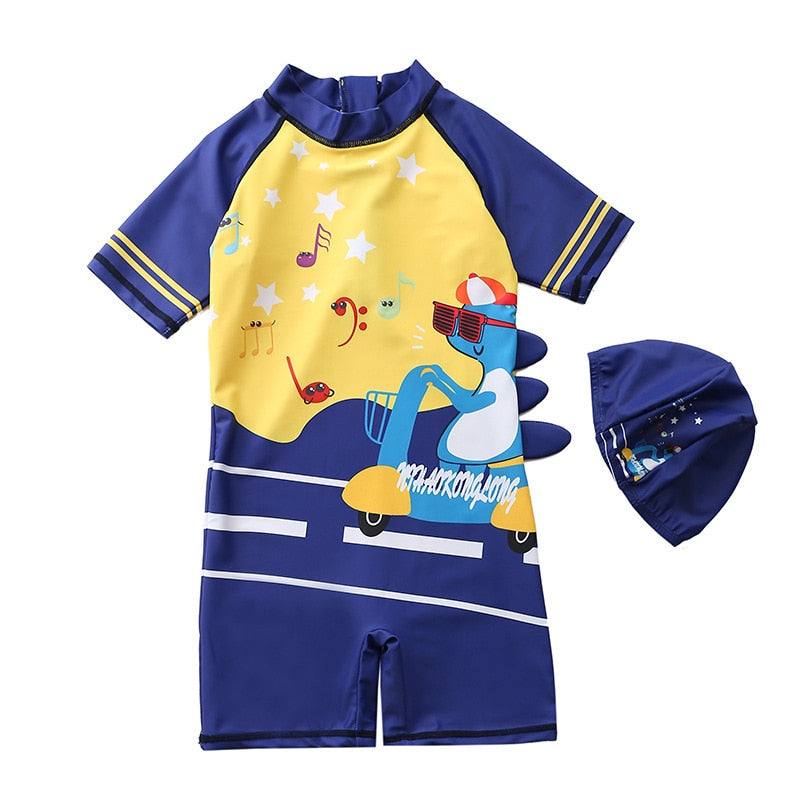 Baby boy beach swimwear with cartoon characters, polyester spandex cotton blend, true to size fit.