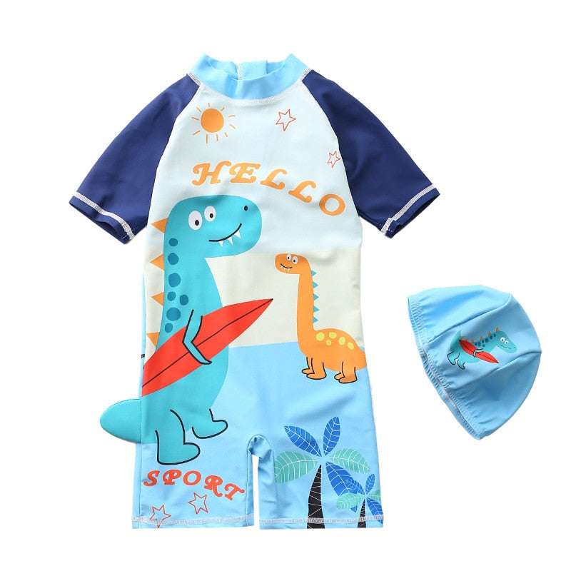 Baby boy beach swimwear with cartoon characters, polyester spandex cotton blend, true to size fit.