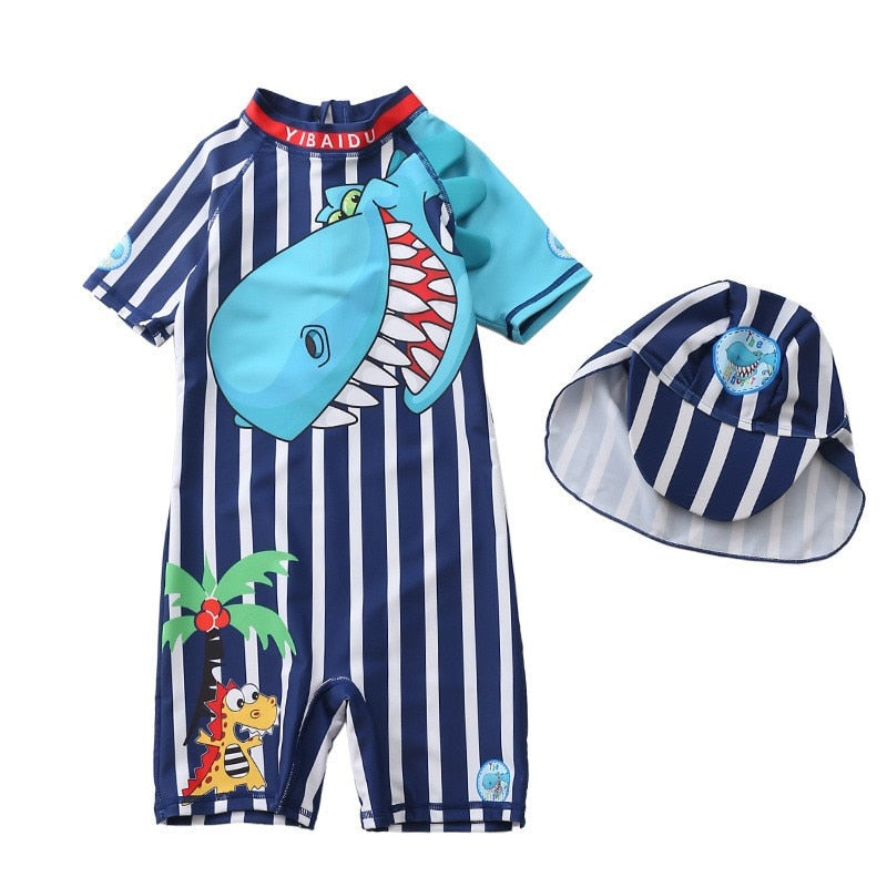 Baby boy beach swimwear with cartoon characters, polyester spandex cotton blend, true to size fit.