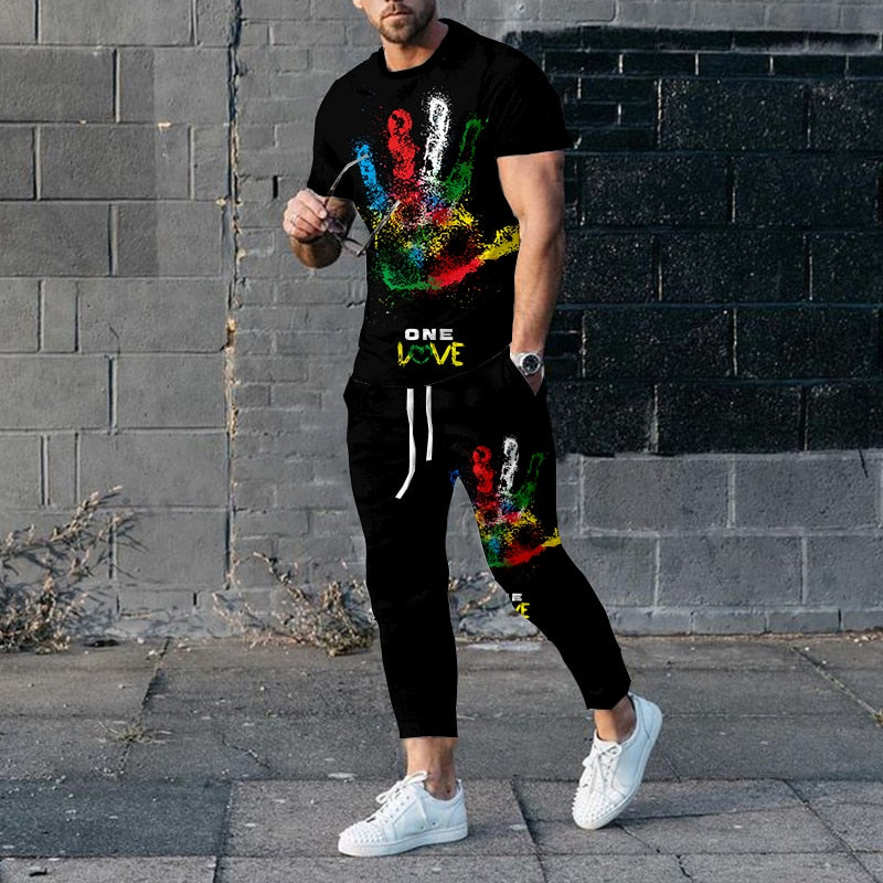 "Image of a fashionable men's short-sleeve tracksuit made from durable polyester material, designed with a punk edge for the perfect casual wear. Available in different sizes and colors to fit any style. Ideal for jogging or walking your dog while staying comfortable and stylish. Get yours today and treat yourself or someone special to this unique and practical gift."