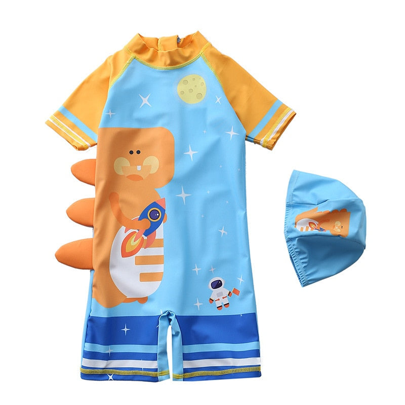 Baby boy beach swimwear with cartoon characters, polyester spandex cotton blend, true to size fit.