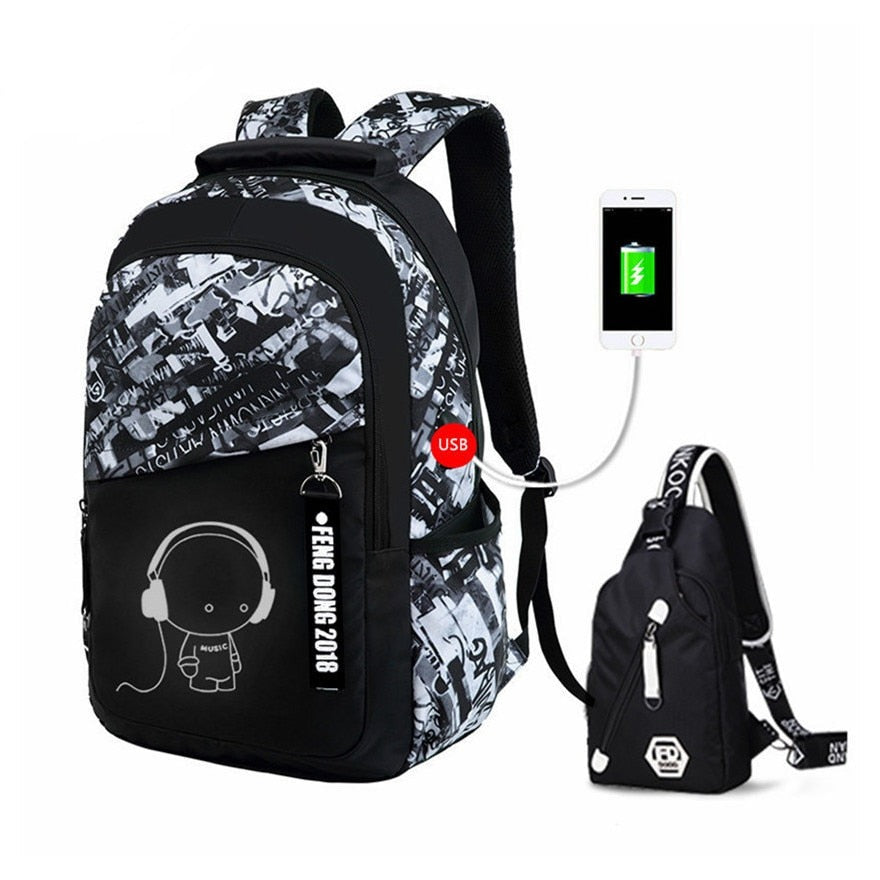 Durable and waterproof Teenage School Backpack made of oxford fabric. Ideal for school or travel. Features USB port for device charging. Spacious design for laptops, tablets, and books.