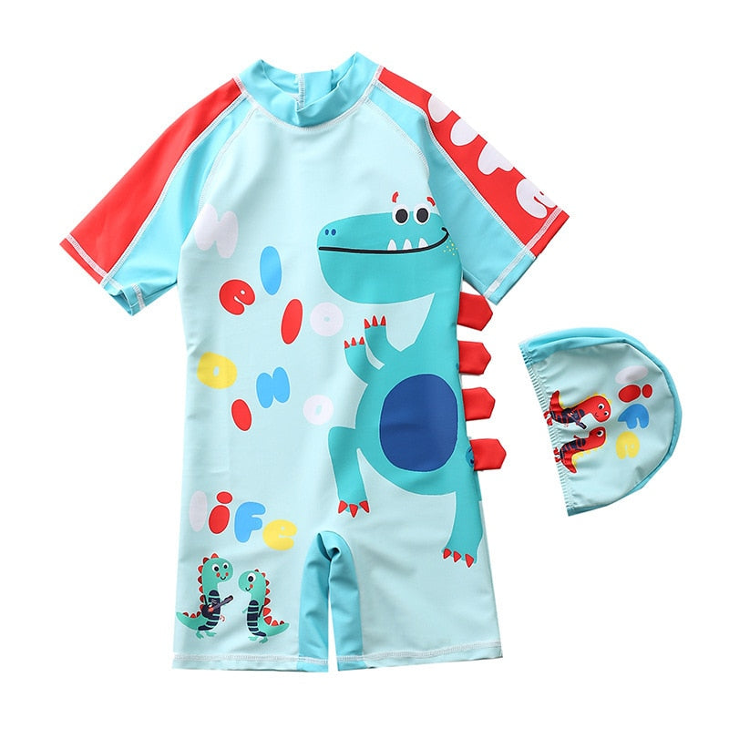 Baby boy beach swimwear with cartoon characters, polyester spandex cotton blend, true to size fit.