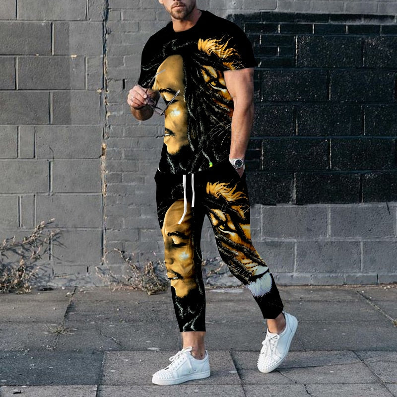 "Image of a fashionable men's short-sleeve tracksuit made from durable polyester material, designed with a punk edge for the perfect casual wear. Available in different sizes and colors to fit any style. Ideal for jogging or walking your dog while staying comfortable and stylish. Get yours today and treat yourself or someone special to this unique and practical gift."