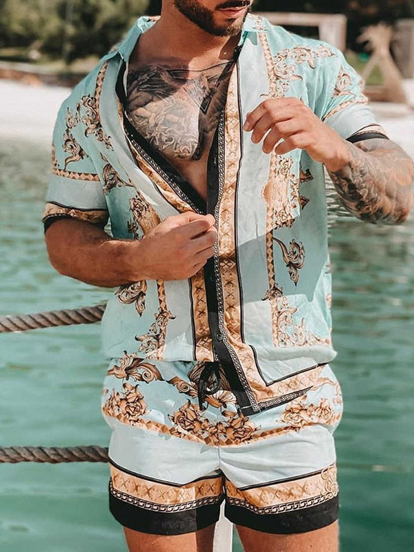 Beach Short Sleeve Shirt Set for men with floral print, short sleeves, and elastic waist pant closure. Made from 100% polyester. Perfect for beach outings.