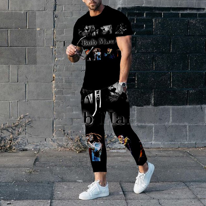 "Image of a fashionable men's short-sleeve tracksuit made from durable polyester material, designed with a punk edge for the perfect casual wear. Available in different sizes and colors to fit any style. Ideal for jogging or walking your dog while staying comfortable and stylish. Get yours today and treat yourself or someone special to this unique and practical gift."