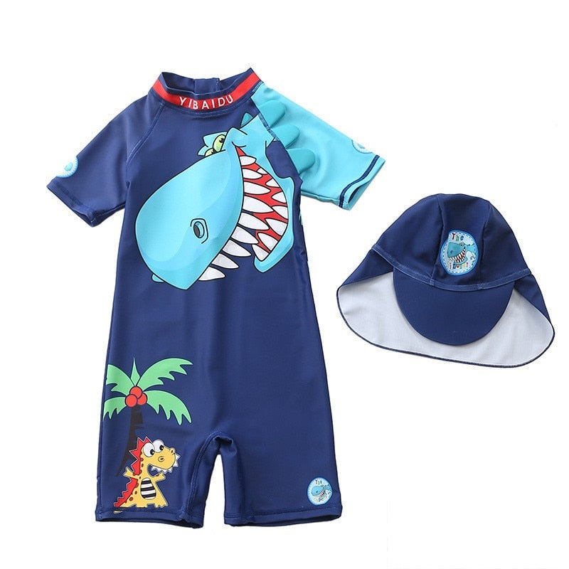 Baby boy beach swimwear with cartoon characters, polyester spandex cotton blend, true to size fit.