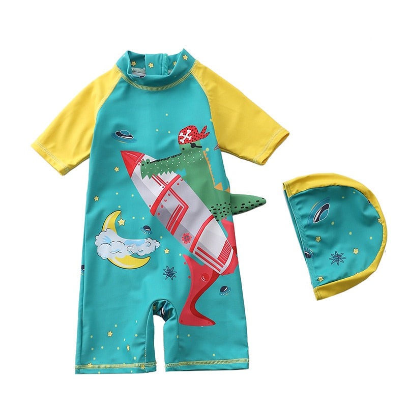 Baby boy beach swimwear with cartoon characters, polyester spandex cotton blend, true to size fit.