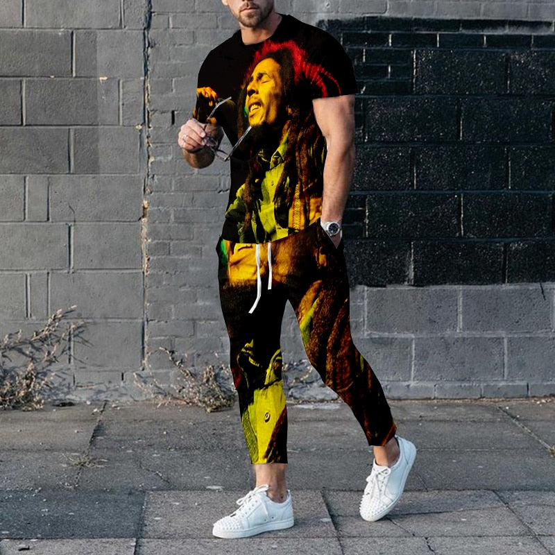 "Image of a fashionable men's short-sleeve tracksuit made from durable polyester material, designed with a punk edge for the perfect casual wear. Available in different sizes and colors to fit any style. Ideal for jogging or walking your dog while staying comfortable and stylish. Get yours today and treat yourself or someone special to this unique and practical gift."