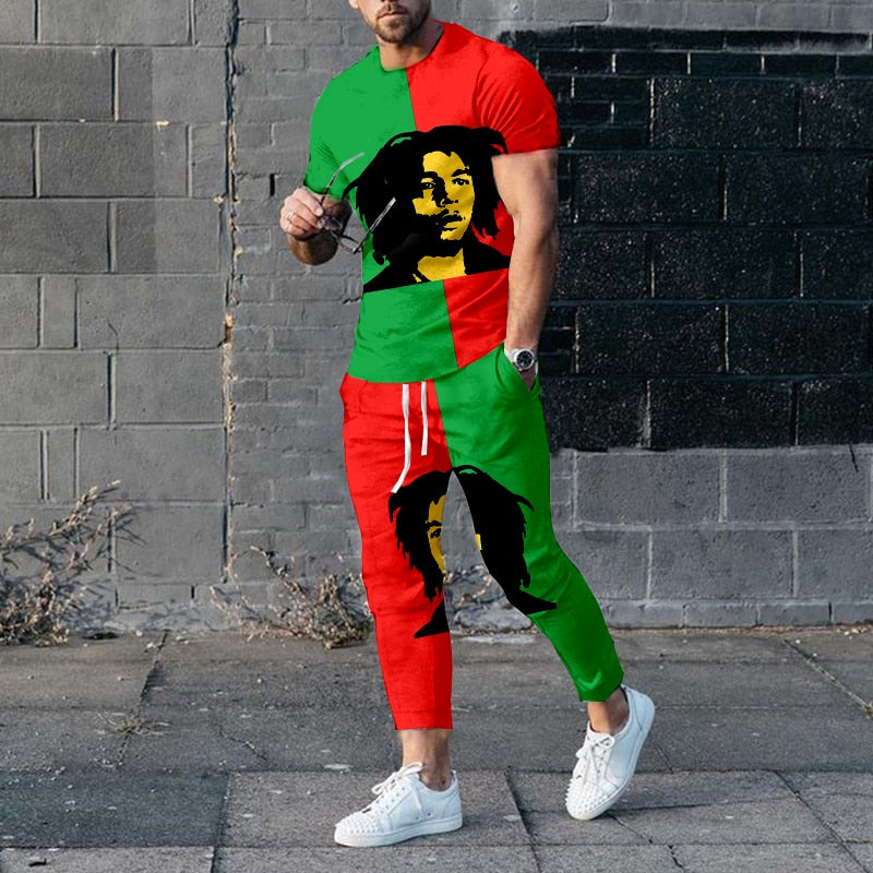 "Image of a fashionable men's short-sleeve tracksuit made from durable polyester material, designed with a punk edge for the perfect casual wear. Available in different sizes and colors to fit any style. Ideal for jogging or walking your dog while staying comfortable and stylish. Get yours today and treat yourself or someone special to this unique and practical gift."