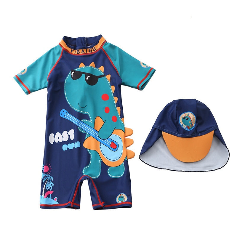 Baby boy beach swimwear with cartoon characters, polyester spandex cotton blend, true to size fit.