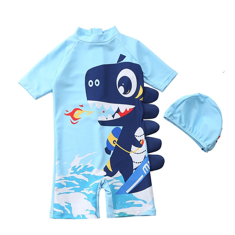 Baby boy beach swimwear with cartoon characters, polyester spandex cotton blend, true to size fit.