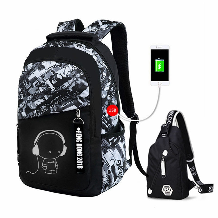 Durable and waterproof Teenage School Backpack made of oxford fabric. Ideal for school or travel. Features USB port for device charging. Spacious design for laptops, tablets, and books.