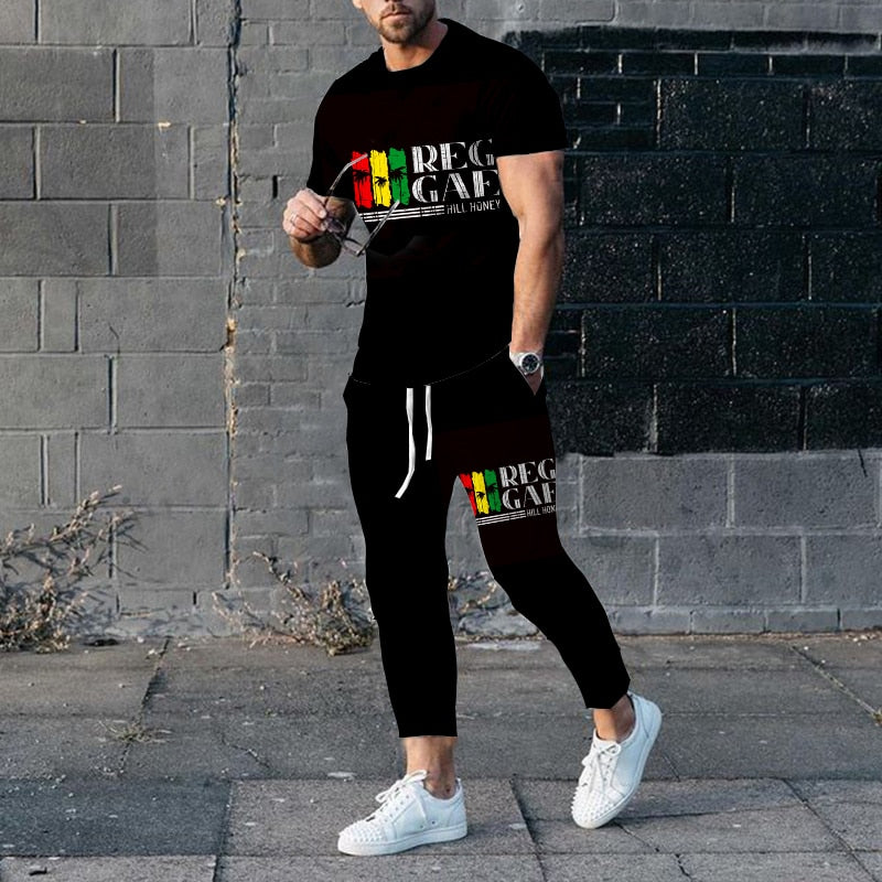 "Image of a fashionable men's short-sleeve tracksuit made from durable polyester material, designed with a punk edge for the perfect casual wear. Available in different sizes and colors to fit any style. Ideal for jogging or walking your dog while staying comfortable and stylish. Get yours today and treat yourself or someone special to this unique and practical gift."