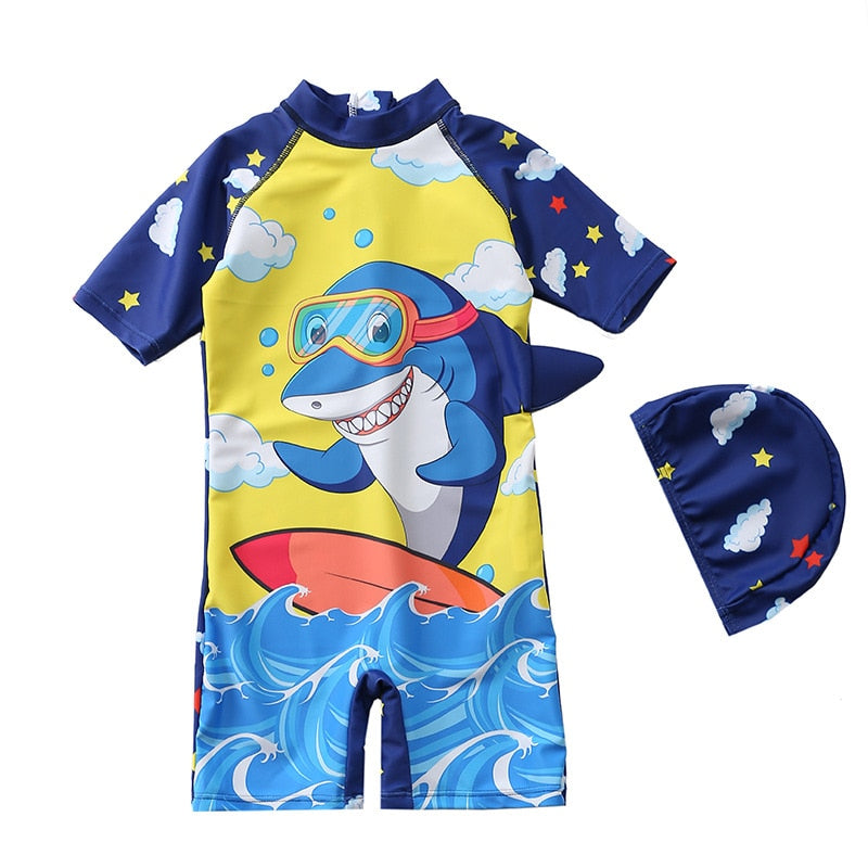 Baby boy beach swimwear with cartoon characters, polyester spandex cotton blend, true to size fit.