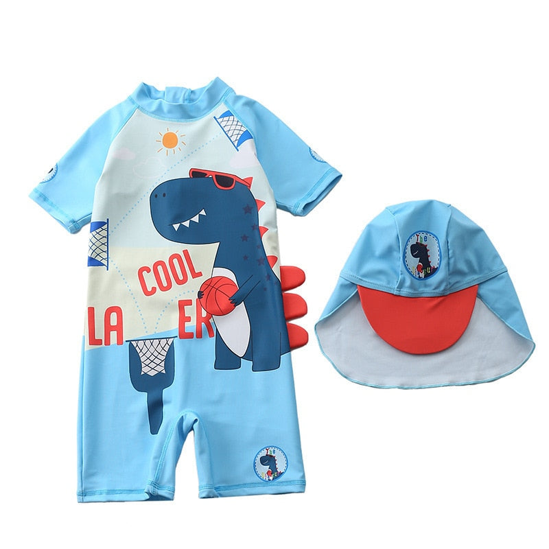 Baby boy beach swimwear with cartoon characters, polyester spandex cotton blend, true to size fit.