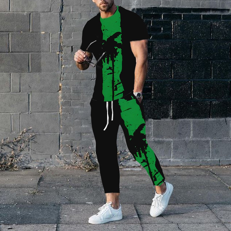 "Image of a fashionable men's short-sleeve tracksuit made from durable polyester material, designed with a punk edge for the perfect casual wear. Available in different sizes and colors to fit any style. Ideal for jogging or walking your dog while staying comfortable and stylish. Get yours today and treat yourself or someone special to this unique and practical gift."