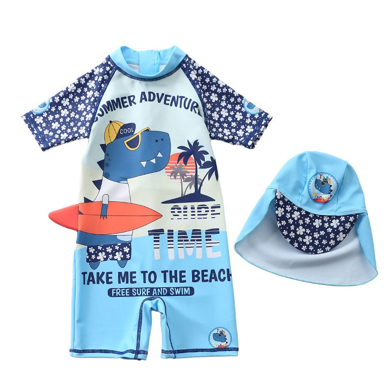 Baby boy beach swimwear with cartoon characters, polyester spandex cotton blend, true to size fit.