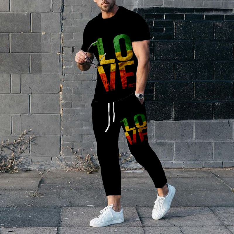 "Image of a fashionable men's short-sleeve tracksuit made from durable polyester material, designed with a punk edge for the perfect casual wear. Available in different sizes and colors to fit any style. Ideal for jogging or walking your dog while staying comfortable and stylish. Get yours today and treat yourself or someone special to this unique and practical gift."