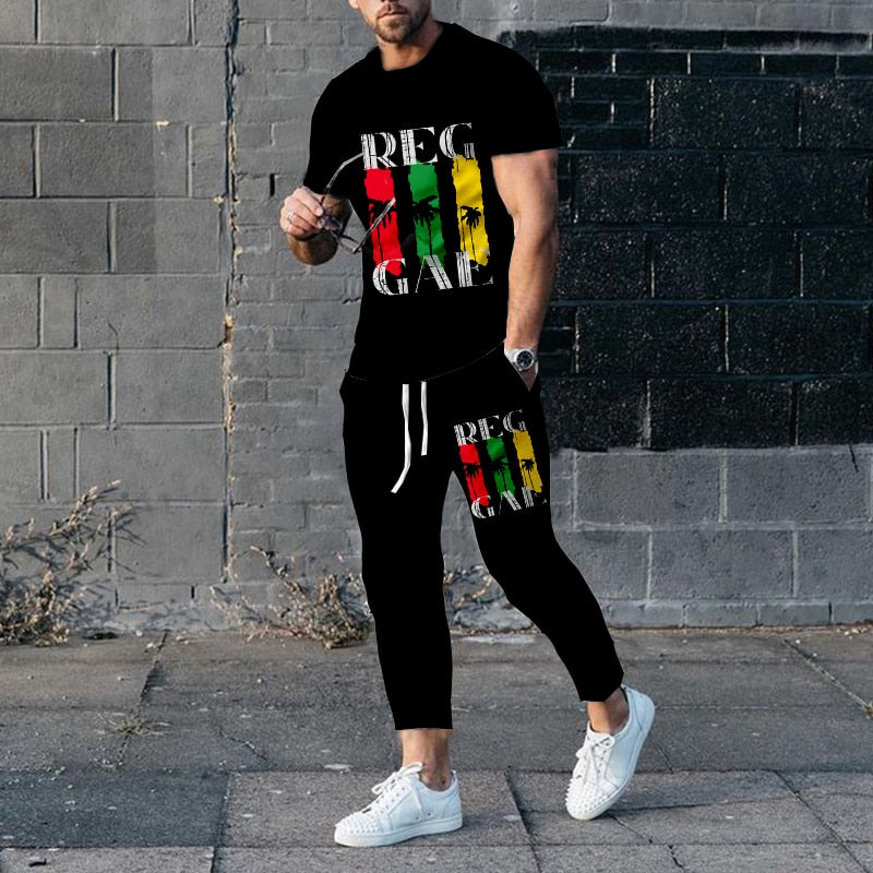 "Image of a fashionable men's short-sleeve tracksuit made from durable polyester material, designed with a punk edge for the perfect casual wear. Available in different sizes and colors to fit any style. Ideal for jogging or walking your dog while staying comfortable and stylish. Get yours today and treat yourself or someone special to this unique and practical gift."