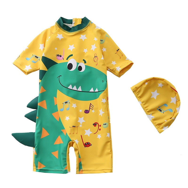 Baby boy beach swimwear with cartoon characters, polyester spandex cotton blend, true to size fit.