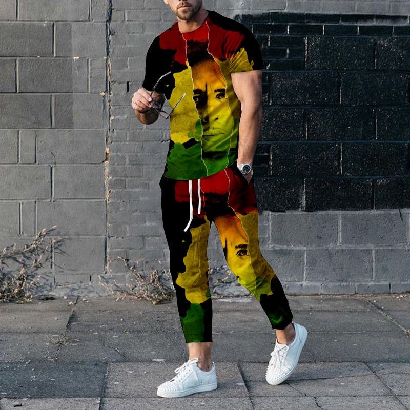 "Image of a fashionable men's short-sleeve tracksuit made from durable polyester material, designed with a punk edge for the perfect casual wear. Available in different sizes and colors to fit any style. Ideal for jogging or walking your dog while staying comfortable and stylish. Get yours today and treat yourself or someone special to this unique and practical gift."