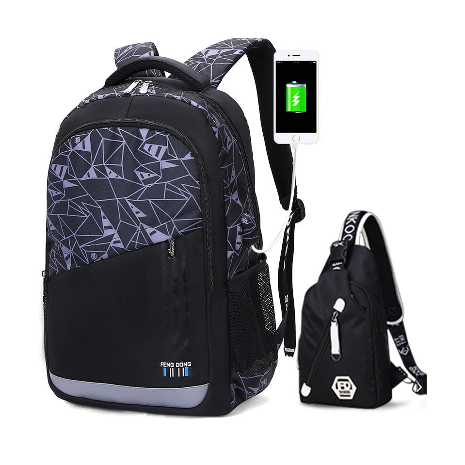 Durable and waterproof Teenage School Backpack made of oxford fabric. Ideal for school or travel. Features USB port for device charging. Spacious design for laptops, tablets, and books.