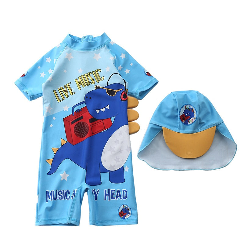 Baby boy beach swimwear with cartoon characters, polyester spandex cotton blend, true to size fit.