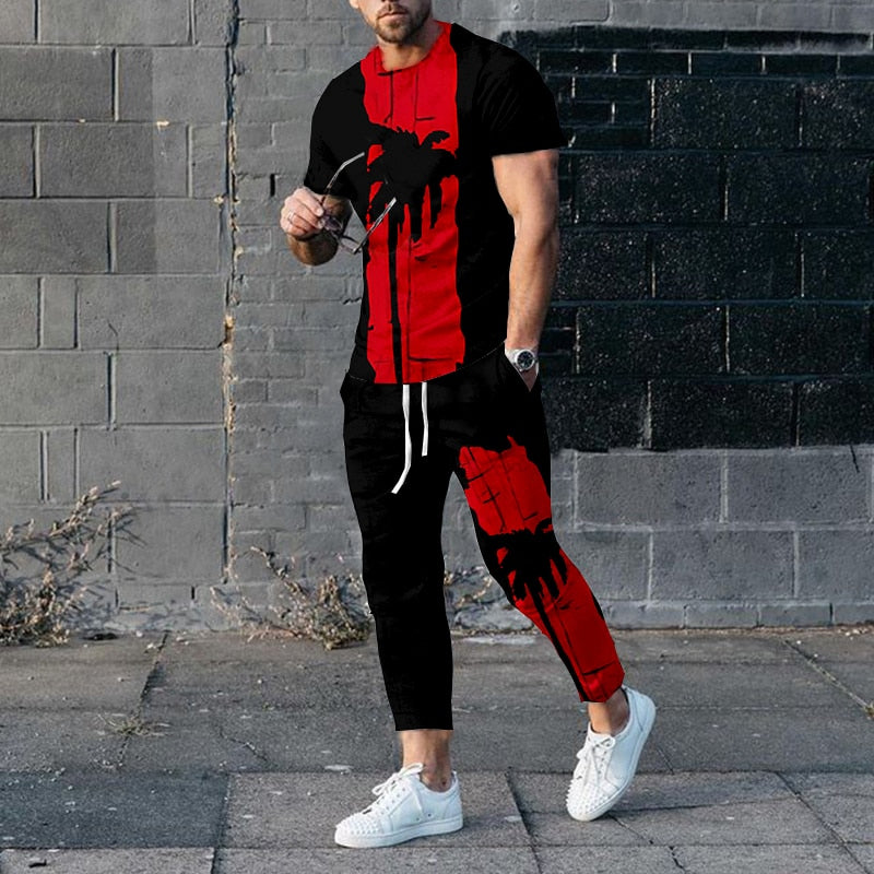 "Image of a fashionable men's short-sleeve tracksuit made from durable polyester material, designed with a punk edge for the perfect casual wear. Available in different sizes and colors to fit any style. Ideal for jogging or walking your dog while staying comfortable and stylish. Get yours today and treat yourself or someone special to this unique and practical gift."