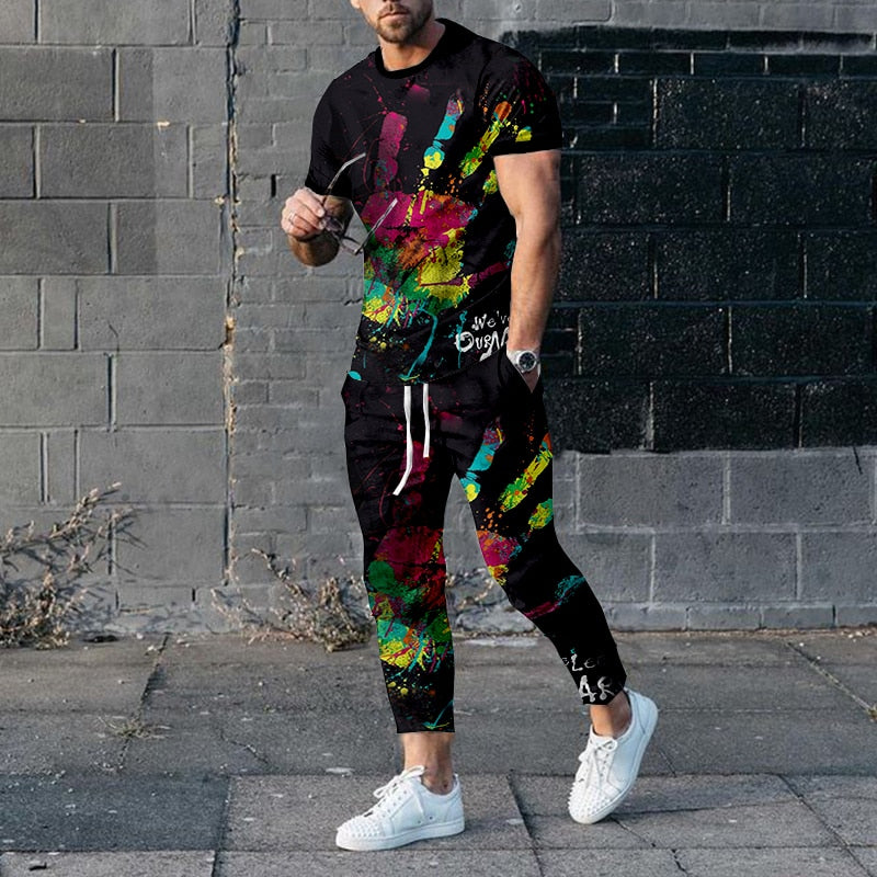 "Image of a fashionable men's short-sleeve tracksuit made from durable polyester material, designed with a punk edge for the perfect casual wear. Available in different sizes and colors to fit any style. Ideal for jogging or walking your dog while staying comfortable and stylish. Get yours today and treat yourself or someone special to this unique and practical gift."