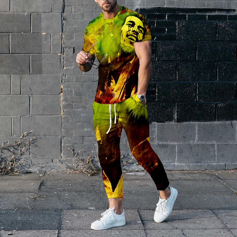 "Image of a fashionable men's short-sleeve tracksuit made from durable polyester material, designed with a punk edge for the perfect casual wear. Available in different sizes and colors to fit any style. Ideal for jogging or walking your dog while staying comfortable and stylish. Get yours today and treat yourself or someone special to this unique and practical gift."