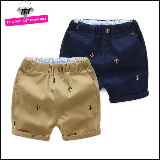 Comfortable Summer Boys Beach Shorts, cotton fabric, elastic waistband, sizes 4-9 years old, Khaki, Light Blue, and Navy Blue colors.