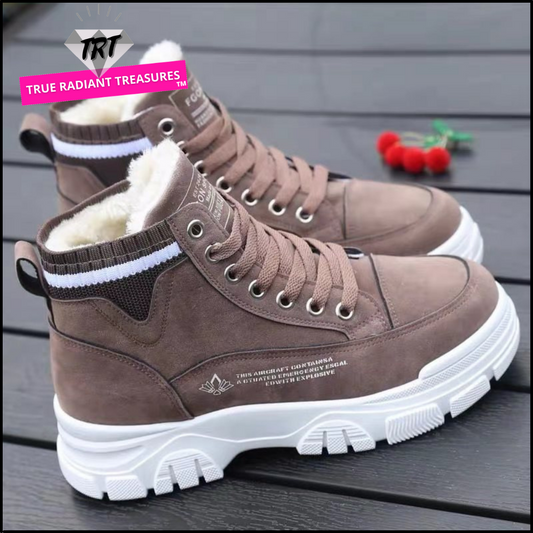 Trendy chunky Winter Plus Velvet Cotton Boots with buckle clasp and lace fastenings, offering waterproof protection and cushioned comfort for a fashionable winter footwear choice.