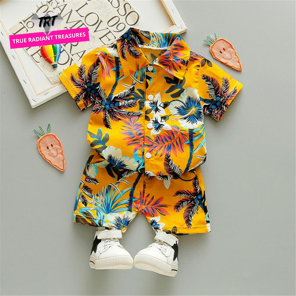 Boys Beach Wear set for summer, cotton polyester blend, sizes for boys 0-5 years old, various colors.