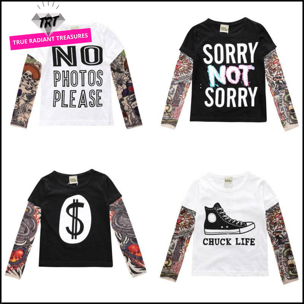 Tattoo-inspired long sleeve shirt with cool designs. Available in various styles, colors, and sizes for boys