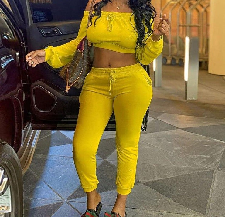 Yellow Women's Slash Neck 2-Piece Tracksuits - Trendy and Comfy Polyester Outfits with Elastic Waist and Pullover Closure, Available in Different Colors and Size